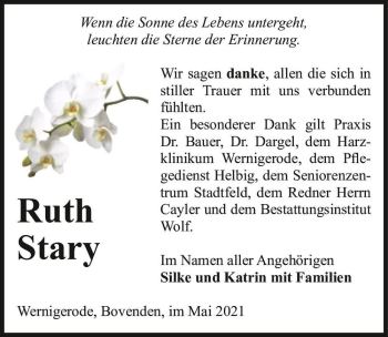 Traueranzeige von Ruth Stary  von Magdeburger Volksstimme