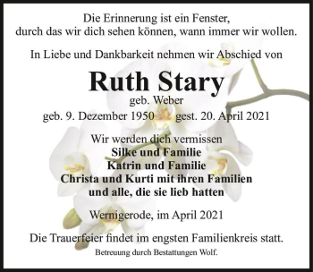 Traueranzeige von Ruth Stary (geb. Weber)  von Magdeburger Volksstimme