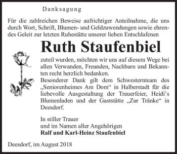 Traueranzeige von Ruth Staufenbiel  von Magdeburger Volksstimme
