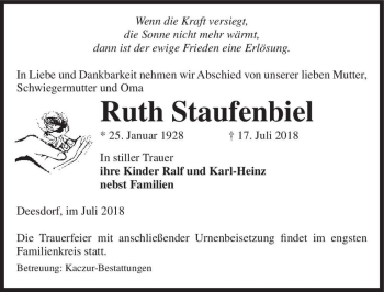 Traueranzeige von Ruth Staufenbiel  von Magdeburger Volksstimme