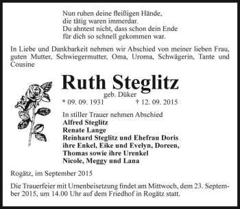 Traueranzeige von Ruth Steglitz (geb. Düker)  von Magdeburger Volksstimme