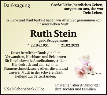 Traueranzeige von Ruth Stein (geb. Brüggemann)  von Magdeburger Volksstimme