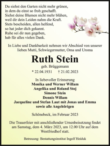 Traueranzeige von Ruth Stein (geb. Brüggemann)  von Magdeburger Volksstimme