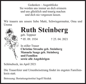 Traueranzeige von Ruth Steinberg (geb. Teppner)  von Magdeburger Volksstimme