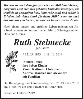 Traueranzeige von Ruth Stelmecke (geb. Götze)  von Magdeburger Volksstimme
