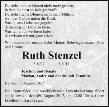Traueranzeige von Ruth Stenzel  von Magdeburger Volksstimme