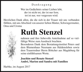 Traueranzeige von Ruth Stenzel  von Magdeburger Volksstimme