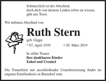 Traueranzeige von Ruth Stern (geb. Gigga)  von Magdeburger Volksstimme