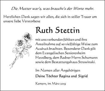 Traueranzeige von Ruth Stettin  von Magdeburger Volksstimme