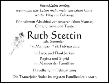 Traueranzeige von Ruth Stettin (geb. Semmler)  von Magdeburger Volksstimme