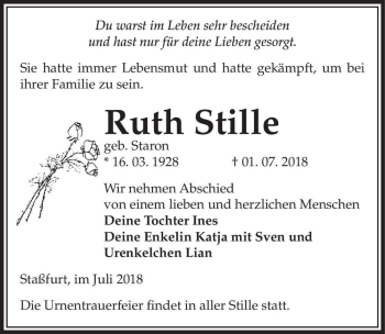 Traueranzeige von Ruth Stille (geb. Staron)  von Magdeburger Volksstimme