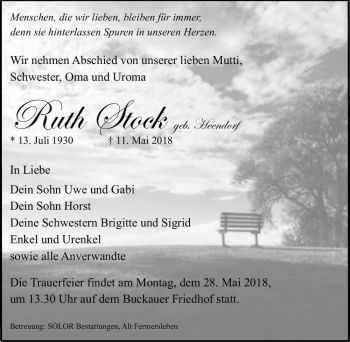 Traueranzeige von Ruth Stock (geb. Heendorf)  von Magdeburger Volksstimme