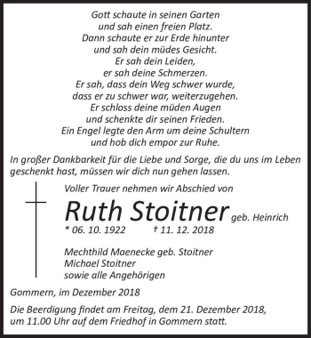 Traueranzeige von Ruth Stoitner (geb. Heinrich)  von Magdeburger Volksstimme