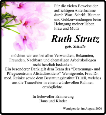 Traueranzeige von Ruth Strutz (geb. Scholle)  von Magdeburger Volksstimme