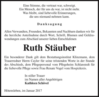 Traueranzeige von Ruth Stäuber  von Magdeburger Volksstimme