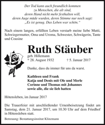 Traueranzeige von Ruth Stäuber (geb. Hillemann)  von Magdeburger Volksstimme