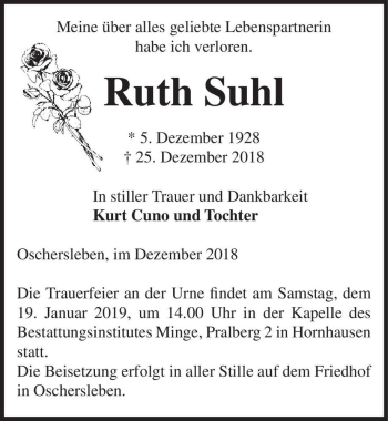 Traueranzeige von Ruth Suhl  von Magdeburger Volksstimme