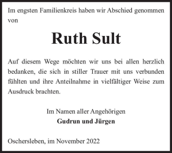 Traueranzeige von Ruth Sult  von Magdeburger Volksstimme