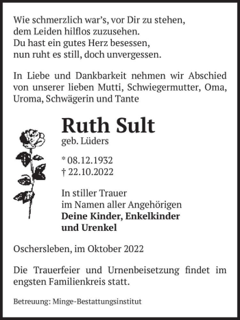 Traueranzeige von Ruth Sult (geb. Lüders)  von Magdeburger Volksstimme