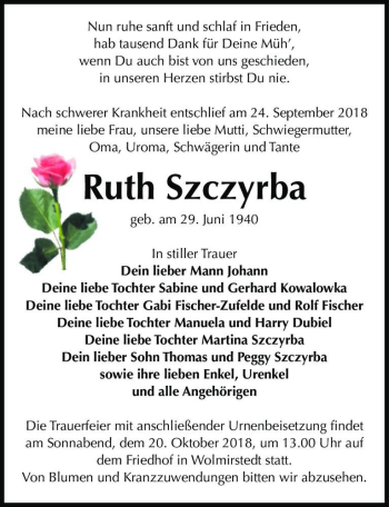 Traueranzeige von Ruth Szczyrba  von Magdeburger Volksstimme