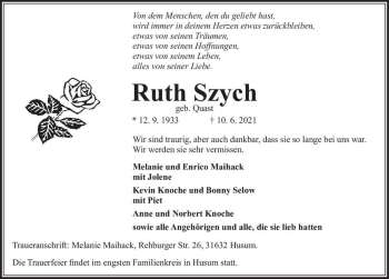 Traueranzeige von Ruth Szych (geb. Quast)  von Magdeburger Volksstimme