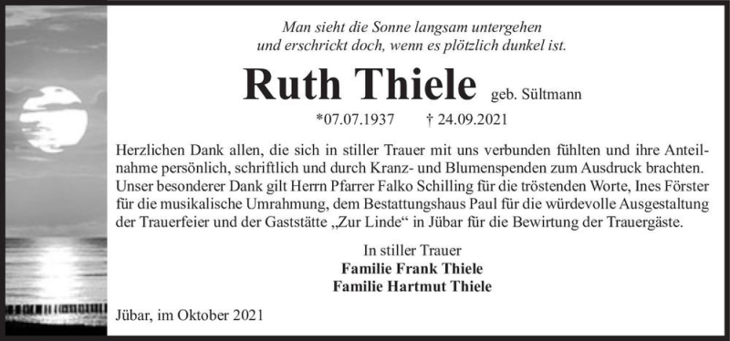  Traueranzeige für Ruth Thiele (geb. Sültmann)  vom 30.10.2021 aus Magdeburger Volksstimme
