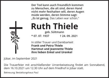 Traueranzeige von Ruth Thiele (geb. Sültmann)  von Magdeburger Volksstimme