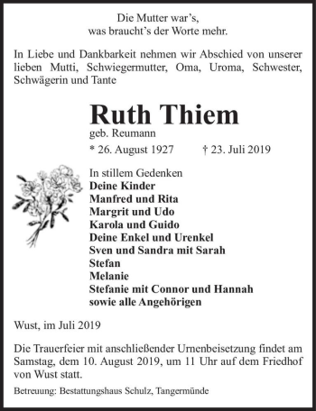 Traueranzeige von Ruth Thiem (geb. Reumann)  von Magdeburger Volksstimme