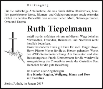 Traueranzeige von Ruth Tiepelmann  von Magdeburger Volksstimme