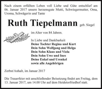 Traueranzeige von Ruth Tiepelmann (geb. Siegel)  von Magdeburger Volksstimme