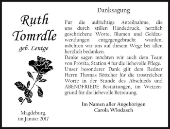 Traueranzeige von Ruth Tomrdle (geb. Lentge)  von Magdeburger Volksstimme