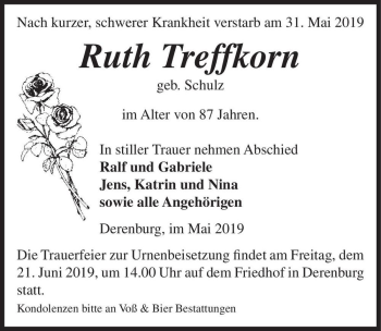 Traueranzeige von Ruth Treffkorn (geb. Schulz)  von Magdeburger Volksstimme