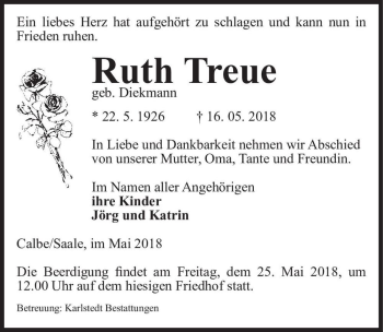 Traueranzeige von Ruth Treue (geb. Diekmann)  von Magdeburger Volksstimme