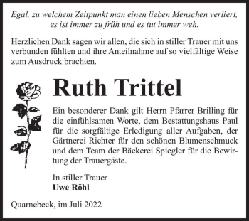 Traueranzeige von Ruth Trittel  von Magdeburger Volksstimme