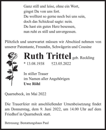 Traueranzeige von Ruth Trittel (geb. Reckling)  von Magdeburger Volksstimme