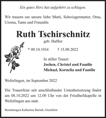 Traueranzeige von Ruth Tschirschnitz (geb. Halfter)  von Magdeburger Volksstimme