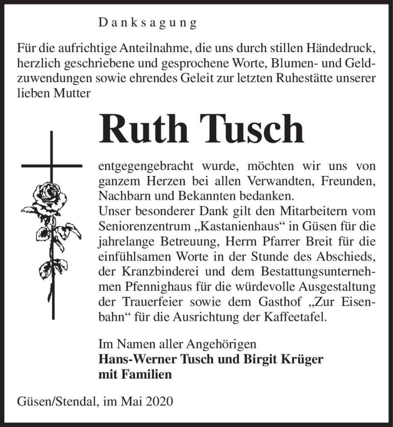  Traueranzeige für Ruth Tusch  vom 06.06.2020 aus Magdeburger Volksstimme