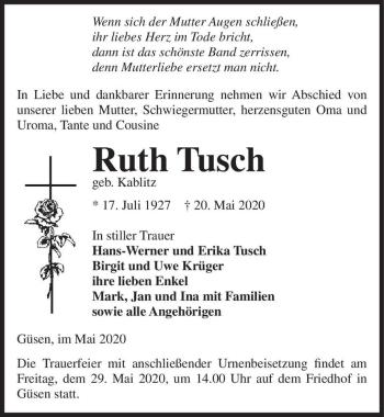 Traueranzeige von Ruth Tusch (geb. Kablitz)  von Magdeburger Volksstimme