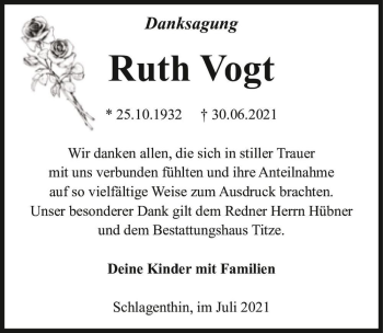 Traueranzeige von Ruth Vogt  von Magdeburger Volksstimme