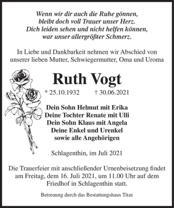 Traueranzeige von Ruth Vogt  von Magdeburger Volksstimme