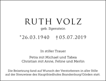 Traueranzeige von Ruth Volz (geb. Ilgenstein)  von Magdeburger Volksstimme