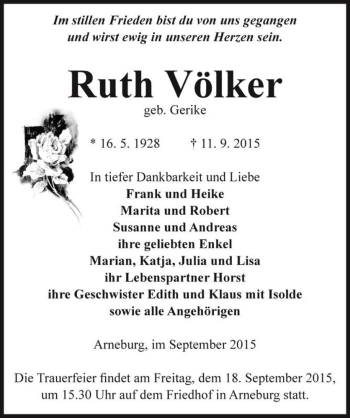Traueranzeige von Ruth Völker (geb. Gerike)  von Magdeburger Volksstimme