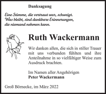 Traueranzeige von Ruth Wackermann  von Magdeburger Volksstimme