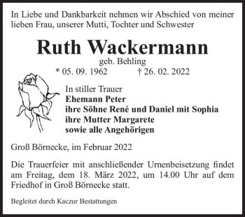 Traueranzeige von Ruth Wackermann (geb. Behling)  von Magdeburger Volksstimme