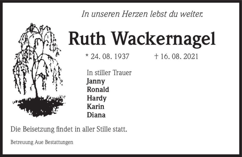  Traueranzeige für Ruth Wackernagel  vom 28.08.2021 aus Magdeburger Volksstimme