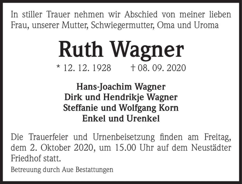  Traueranzeige für Ruth Wagner  vom 12.09.2020 aus Magdeburger Volksstimme
