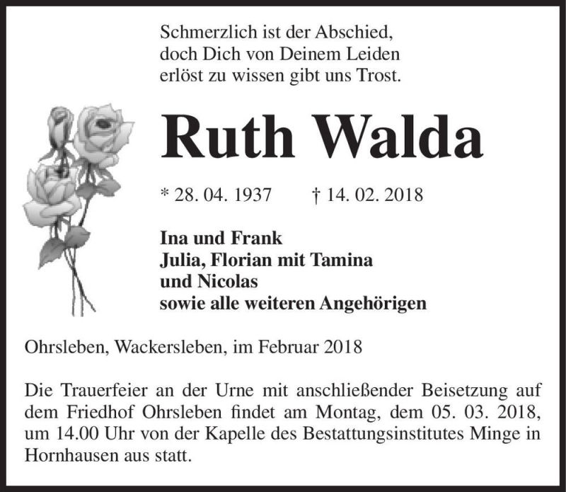  Traueranzeige für Ruth Walda  vom 17.02.2018 aus Magdeburger Volksstimme