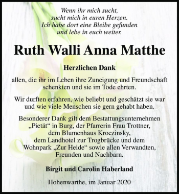Traueranzeige von Ruth Walli Anna Matthe  von Magdeburger Volksstimme