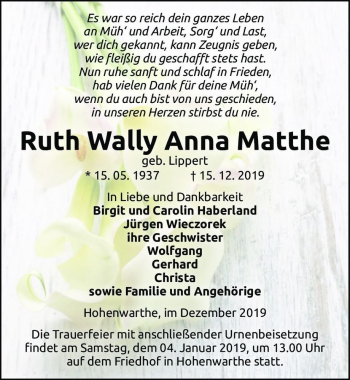 Traueranzeige von Ruth Wally Anna Matthe (geb. Lippert)  von Magdeburger Volksstimme