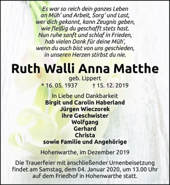 Traueranzeige von Ruth Wally Anna Matthe (geb. Lippert)  von Magdeburger Volksstimme